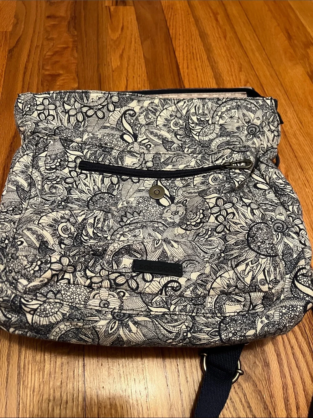 Sakroots Navy & White Floral Doodle Flap Backpack